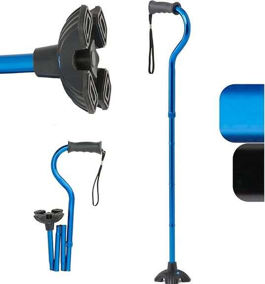 Medline Offset Folding Cane with 4-Point Base with Cushioned Gel Handle