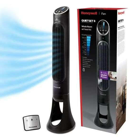Honeywell 40" Black Quiet Set Oscillating Tower Fan, 30ft Air Circulation Power, 8 Speed, Auto off T