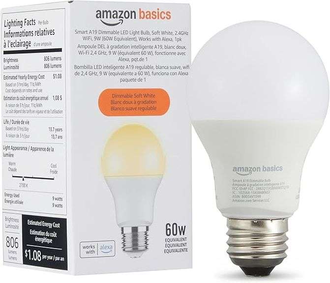 Amazon Basics Smart A19 LED Light Bulb, Dimmable Soft White (2700K), 9W (60W Equivalent)