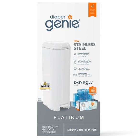 Diaper Genie Platinum Pail,White,Stainless Steel, 1 Diaper Pail