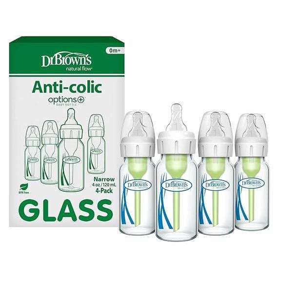 Dr. Brown's Anti-Colic Options+ Narrow Glass Baby Bottle with Level 1 Slow Flow Nipple