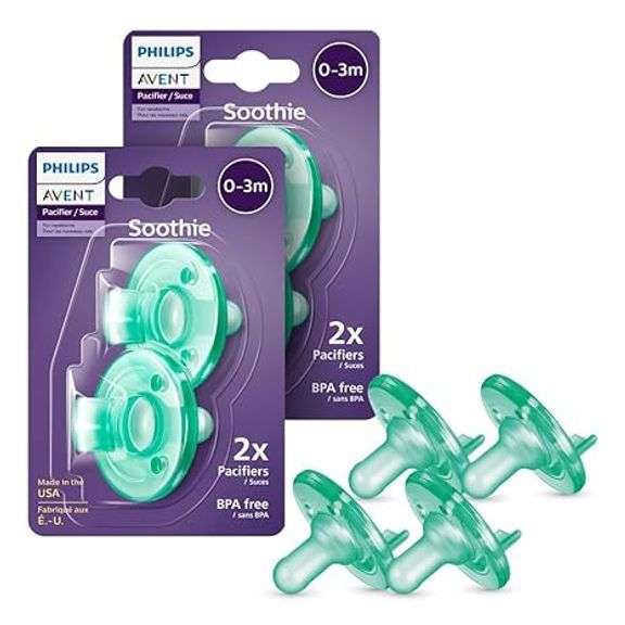 4 Pack Philips Avent Soothie Orthodontic Baby Pacifiers, 100% Silicone Pacifiers