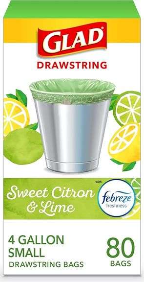 Glad Small Trash Bags 4 Gallon, Febreze Sweet Citron & Lime Garbage Bags, Odor Resistant with Drawst
