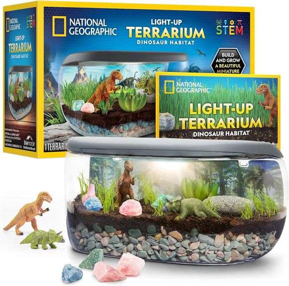 National Geographic Light Up Terrarium Kit for Kids - Build a Dinosaur Habitat with Real Plants & Ge