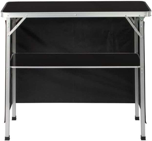 Portable Folding Bar Table with Shelf, Tradeshow Podium Table with Black Skirt and Carrying Bag, for