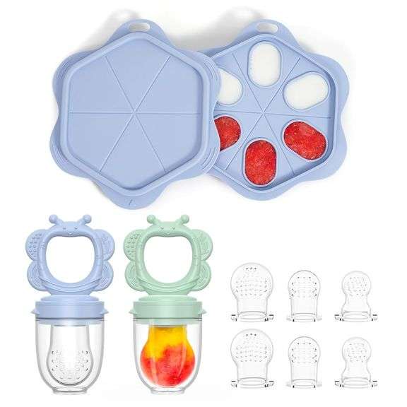 Silicone Baby Fruit Food Feeder (2 Pack) with Freezer Nibble Tray, Breastmilk Popsicle Molds for Bab