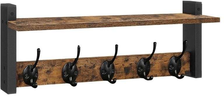 Homode Coat Rack with Shelf and Over The Door Hooks, Wall Shelf with Hooks, Rustic Brown