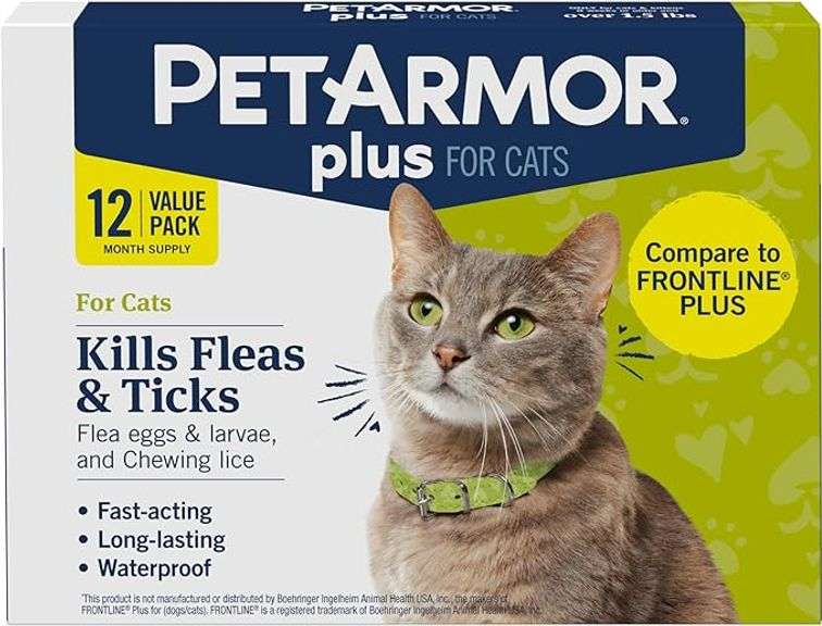 PetArmor Plus Flea and Tick Prevention for Cats, Cat Flea and Tick Treatment, 12 Doses, Waterproof T