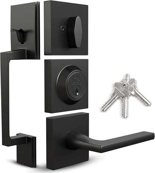 Mega Handles - TOBELLE Black Entry Door Handleset - Single Cylinder Handleset with Lever for Entranc