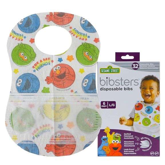 Sesame Street Large Disposable Bibs with Patented Crumb-Catcher, Leakproof Liner, and Reusable Faste