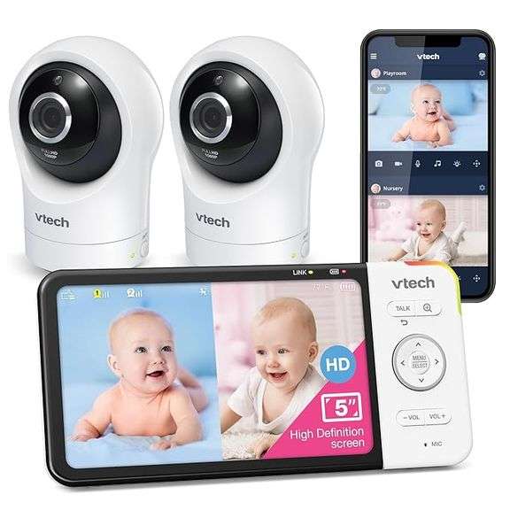 VTech RM5764-2HD 1080p Smart WiFi Remote Access 2 Camera BabyMonitor, 360° Pan & Tilt, 5" 720p HD Di