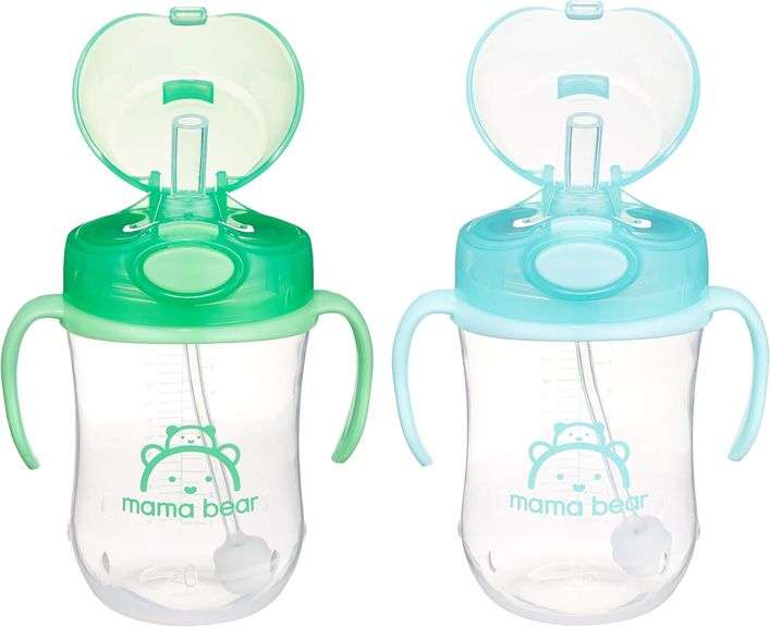 Amazon Brand - Mama Bear Silicone Weighted Straw Sippy Cup, 9 Ounces, Pack of 2, Blue/Green