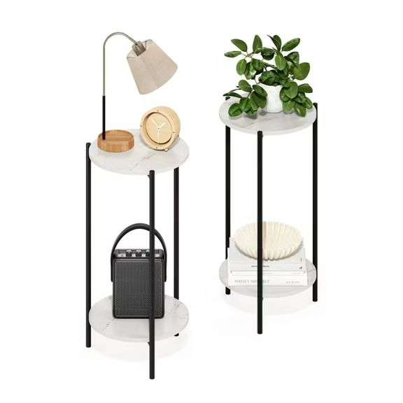 Furinno Besi 2-Tier Modern Tall Round Side End Table with Sturdy Metal Legs, Marble White, Set of 2