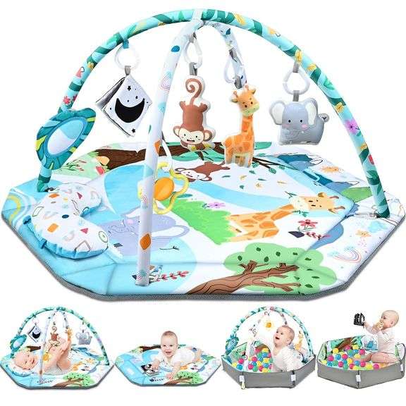 Baby Gym Play Mat, 8-in-1 Tummy Time Mat & Ball Pit with 6 Toys, Washable Baby Activity Play Mat
