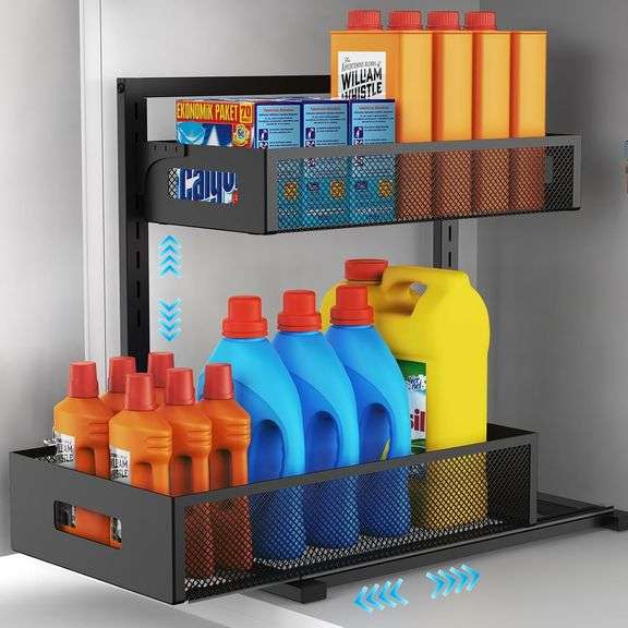 Under Sink Organizer Pull Out Cabinet Organizer Adjustable Height 2 Tier with Sliding Drawers Kitche
