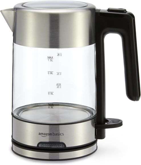 Amazon Basics Electric Kettle with Glass Carafe for Tea and Coffee, BPA-Free, Fast Boiling, Auto Shu