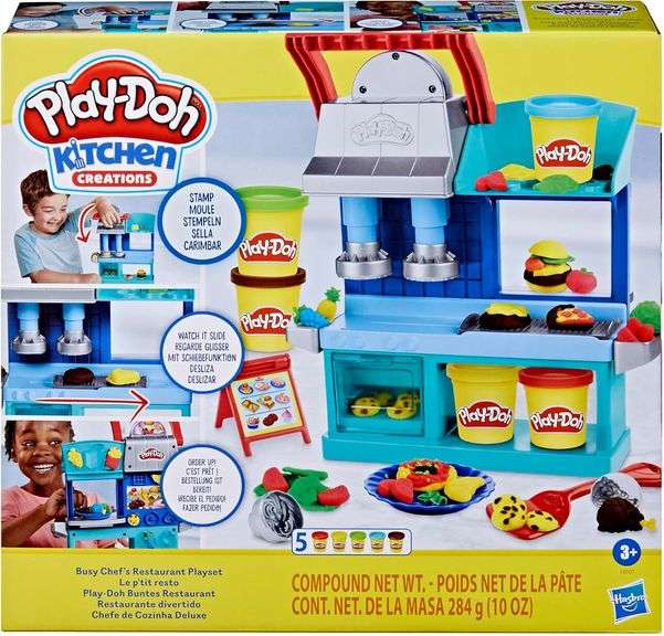 Play-Doh Kitchen Creations Busy Chef's Restaurant Playset, 2-Sided Play Kitchen Set,