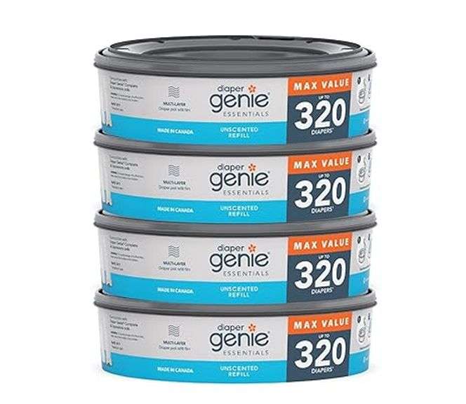 Diaper Genie Essentials Round Refill Pack of 4 | Holds Up to 1280 Newborn Diapers | Features Unscent