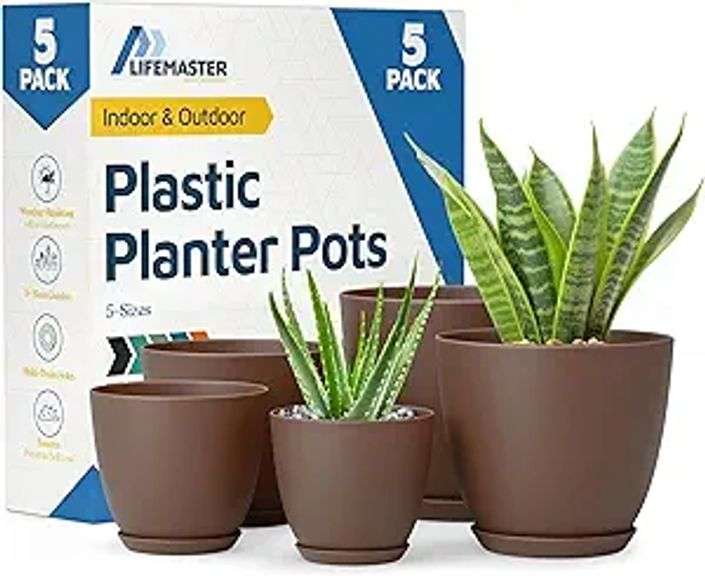 Lifemaster Planter Pots with Drainage Holes - Lightweight, Durable & Space-Saving Pots for Indoor an