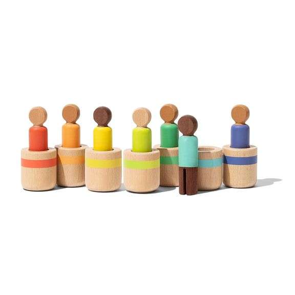 Lovevery Post & Play Peg People Baby Toy, 7 Wooden Peg Doll Practice Color Matching, Stacking, and B