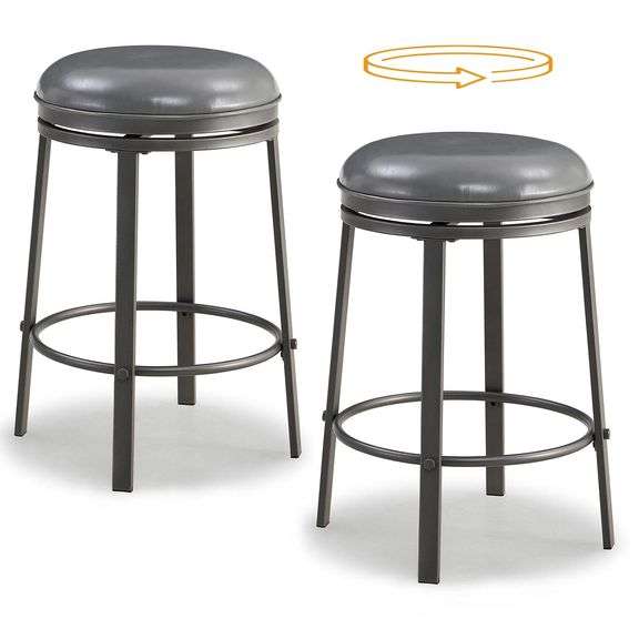 OUllUO Bar Stools Set of 2, 25 Inches Counter Height Bar Stools, Gray Faux Leather Saddle Seat Bar S