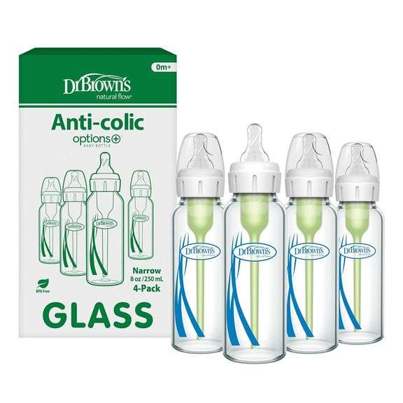 Dr. Brown's Anti-Colic Options+ Narrow Glass Baby Bottle with Level 1 Slow Flow Nipple, BPA-Free, 8 