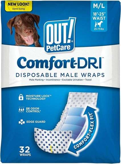OUT! PetCare Disposable Male Dog Wraps Medium/Large, 32 Count