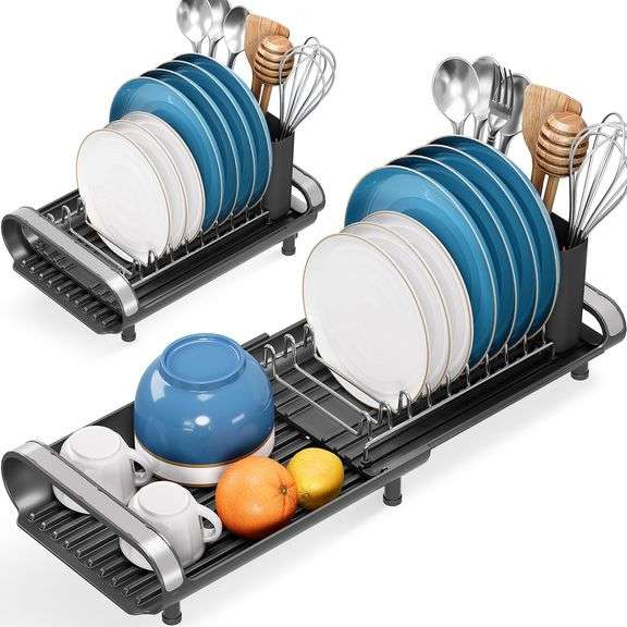 TOOLF Small Dish Drying Rack, Mini Expandable Compact Dish Rack, Slim Extendable Stainless Steel Dis