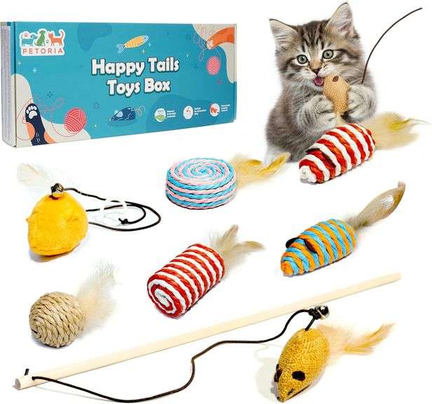 Natural Cat Toys Set, Eco-Friendly Interactive Toys with Feather Mice, Fiber Balls, Wand & Teething 