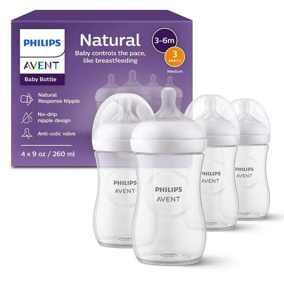 Philips Avent Natural Baby Bottles with Natural Response Nipples (Medium Flow, Flow 3), 9oz, 4-Pack,
