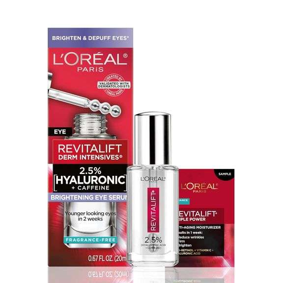 L'Oreal Paris Revitalift Hyaluronic Acid + Caffeine Hydrating Eye Serum for Dark Circles, Fragrance 