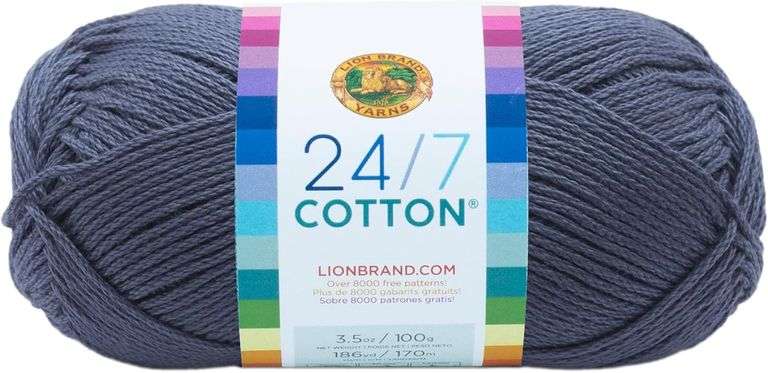 Lion Brand Yarn Lightweight 24/7 Cotton Yarn for Knitting, Crocheting, and Crafts, Denim, 1 Pack