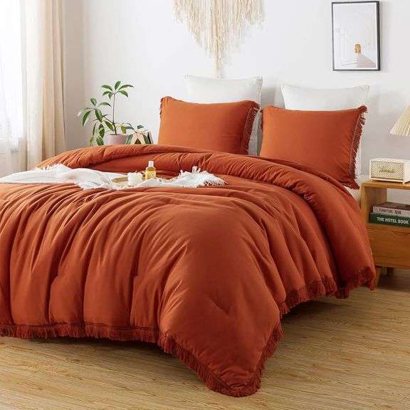Andency Queen Comforter Set Burnt Orange, 3 Pieces Boho Terracotta Fall Tassel Lightweight Bedding C