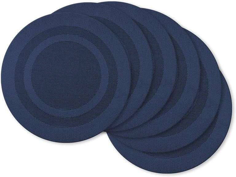 DII PVC Tabletop Collection Woven Indoor/Outdoor, Round Placemat Set, 13.75", Nautical Blue, 6 Piece
