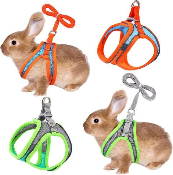 2 Pack Rabbit Harness and Leash Set, Double Buckle Bunny Harness with Reflective Strips Soft Breatha