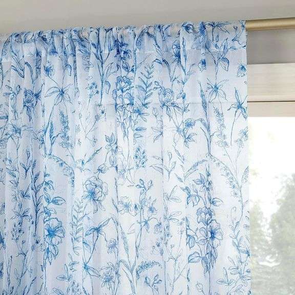 No. 918 Ambree Vintage Floral Sheer Rod Pocket Curtain Panel, 51" x 84", Chinoiserie Blue
