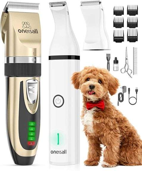 oneisall Dog Clippers and Paw Trimmer Kit 2 in 1 Low Noise Cordless Dog Clippers for Grooming Pet Ha