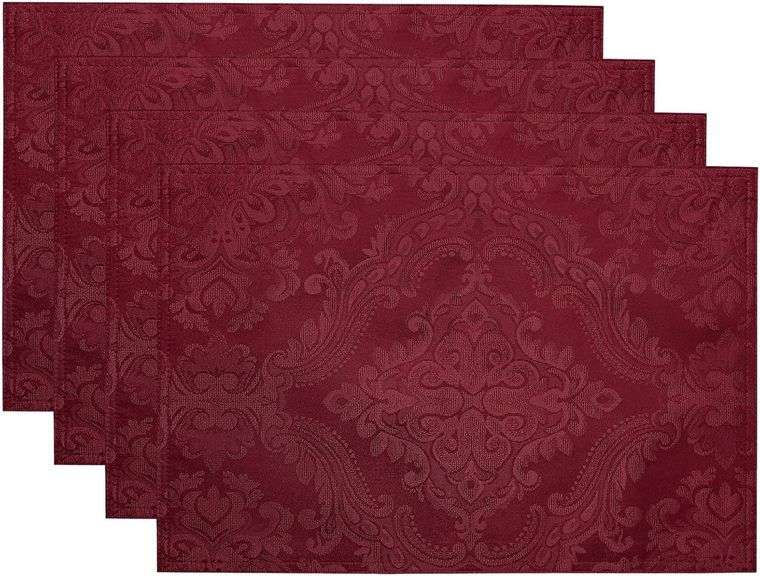 Elrene Home Fashions Caiden Elegance Damask Fabric Placemats, 13" x 19", Cranberry, Count 4 (Pack of