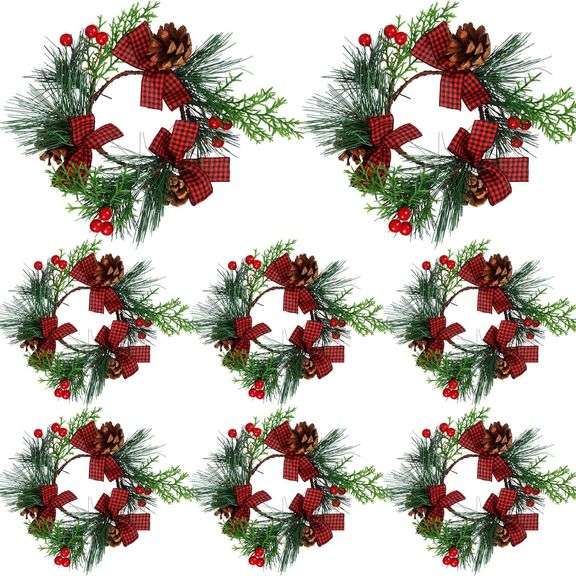 Ceenna Set of 24 Mini Christmas Candle Rings Wreaths Berry Pinecone Red Poinsettia Wreaths Rings Xma