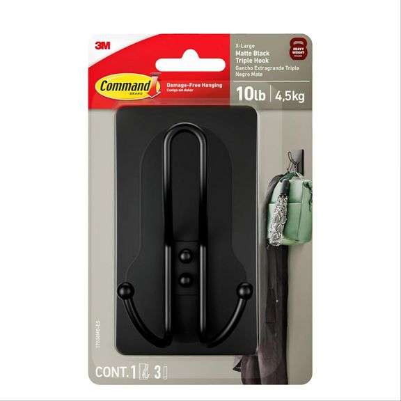 Command X-Large Matte Black Triple Hook, 1 Hook, 3 Strips, Damage-Free Hanging Wall Hooks with Adhes