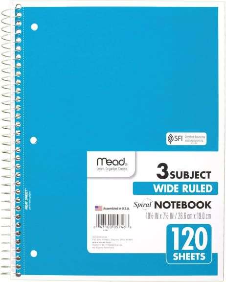 Mead Spiral Notebook, 3 Subject, Wide Ruled Paper, 7-1/2" x 10-1/2", 120 Sheets, Color Will Vary (93