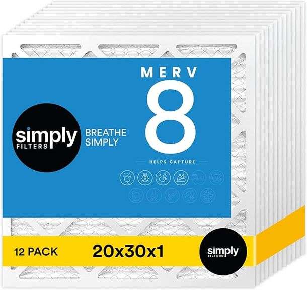 Simply 20x30x1 Air Filter, Merv 8, 12 Pack, For Home AC Furnace & HVAC