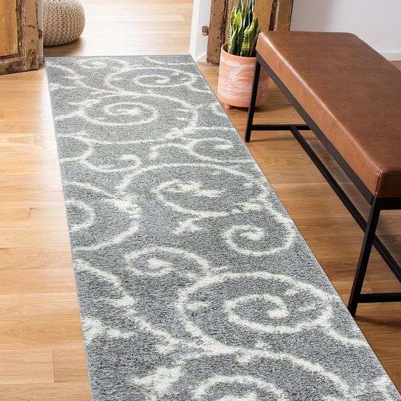 Cozy Contemporary Scroll L.Grey-White 2' X 7'2" Indoor Shag Area Rug Runner