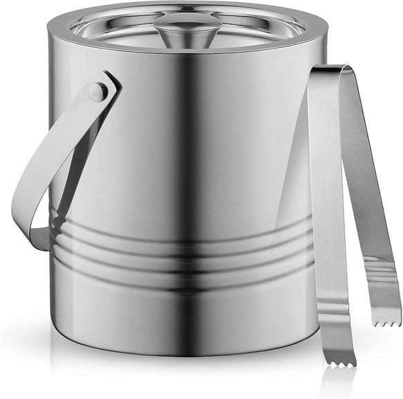 JoyJolt Metal Double Wall Ice Bucket with Lid, Ice Tongs and Strainer. 3L Insulated Ice Bucket for C