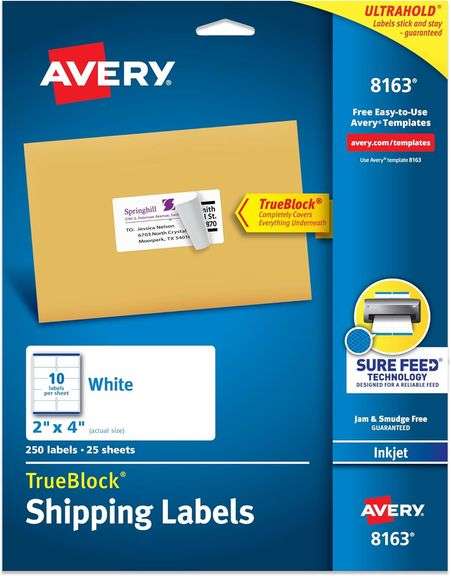 Avery Printable Shipping Labels with Sure Feed, 2" x 4" Customizable Stickers, White, 250 Blank Mail