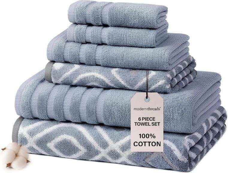 Modern Threads Oxford 6-Piece 100% Cotton Towel Set – Yarn Dyed Jacquard & Solid – Includes 2 Bath T