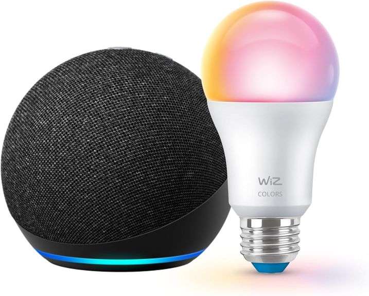 Echo Dot (newest model) with WiZ 60W A19 LED Smart Color Bulb - Connects to Your Wi-Fi - E26 Base - 