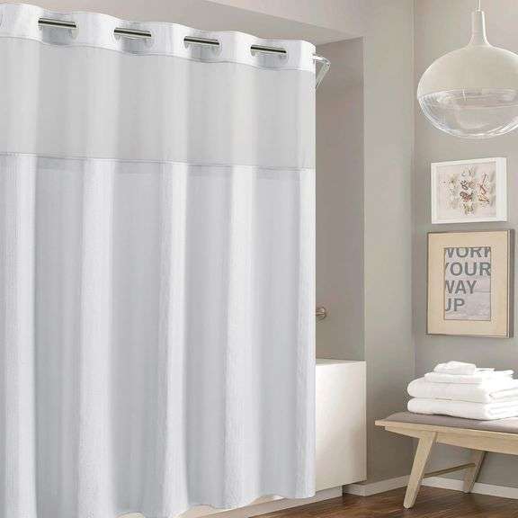 It's A Snap! Waffle Stripe Shower Curtain, 2-in-1 with Fabric and Sheer Top Window, Flex-On Rings, L