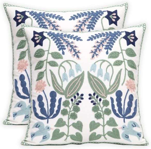 Pack of 2 Embroidered Decorative Throw Pillow Cover 18x18 Inch Farmhouse Floral Pillowcase for Livin