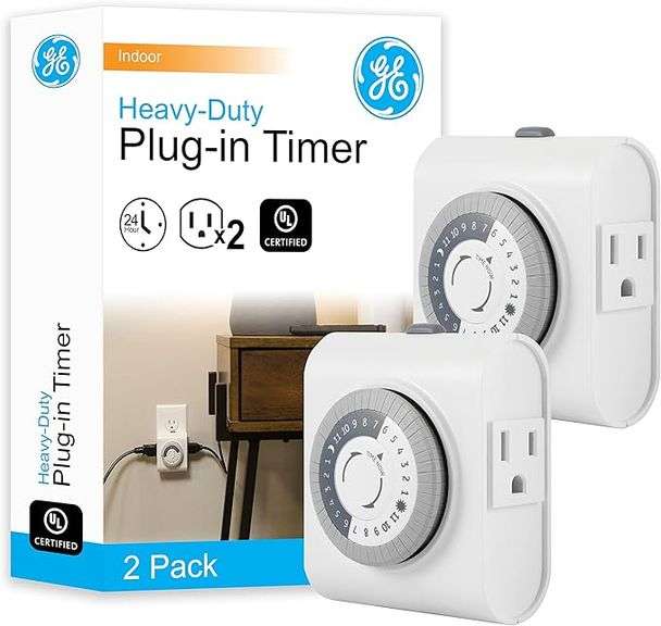 GE Mechanical Grounded Outlet Timer, Dual Plugs with 3 Prongs, 24 Hour Cycle, Indoor Use for Lights,